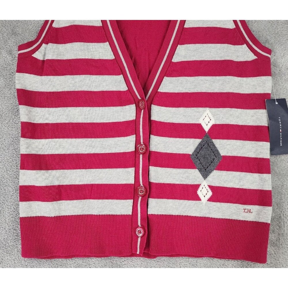 Tommy Hilfiger Sweater Vest Womens Medium Red Gray Striped Button Up Preppy - Picture 7 of 10